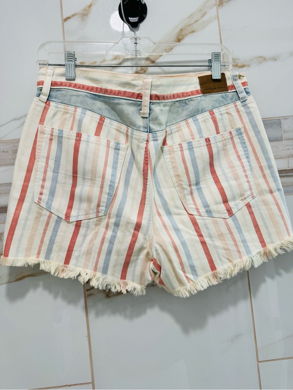 American Eagle Striped Denim Patchwork Cutoff Shorts Women’s Size 8 Festival Y2K - Picture 9 of 13